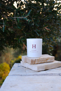 Huskke & Co Fig candle on stacked stone outdoors, highlighting the benefits of essential oil candles for a calming ambiance.