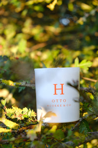 Huskke & Co Otto candle nestled in lush green foliage, symbolising natural calm and eco-conscious living - a gentle visual reflection of soy vs paraffin wax candles.