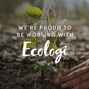 Huskke & Co Ecologi partnership supporting reforestation, with hands watering a young tree and text saying 'We're proud to work with Ecologi'.